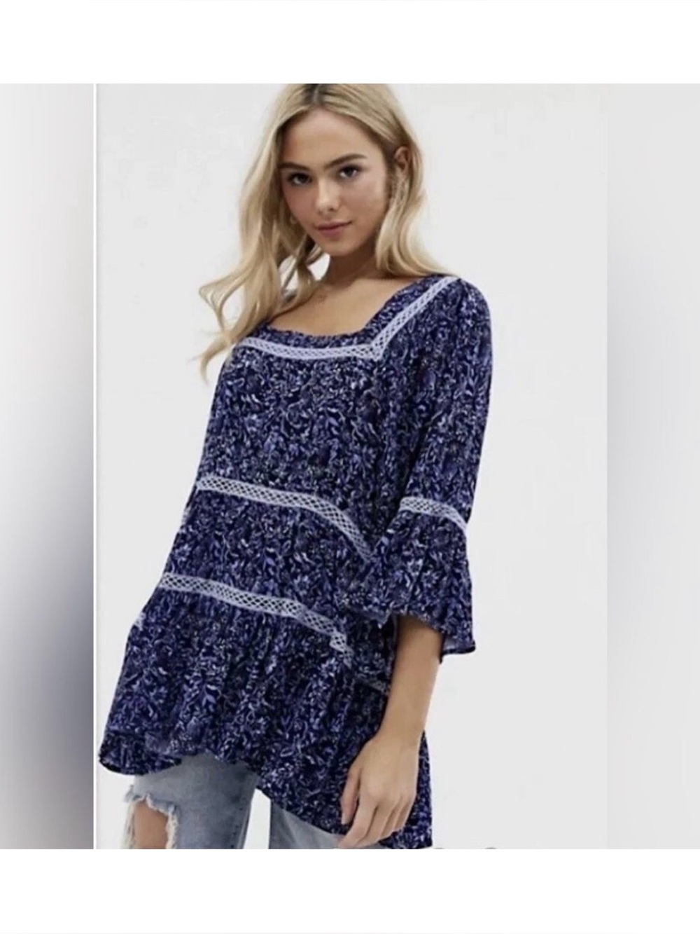 Free People Talk About It Navy White Floral Square-Neck Tunic Boho Flowy